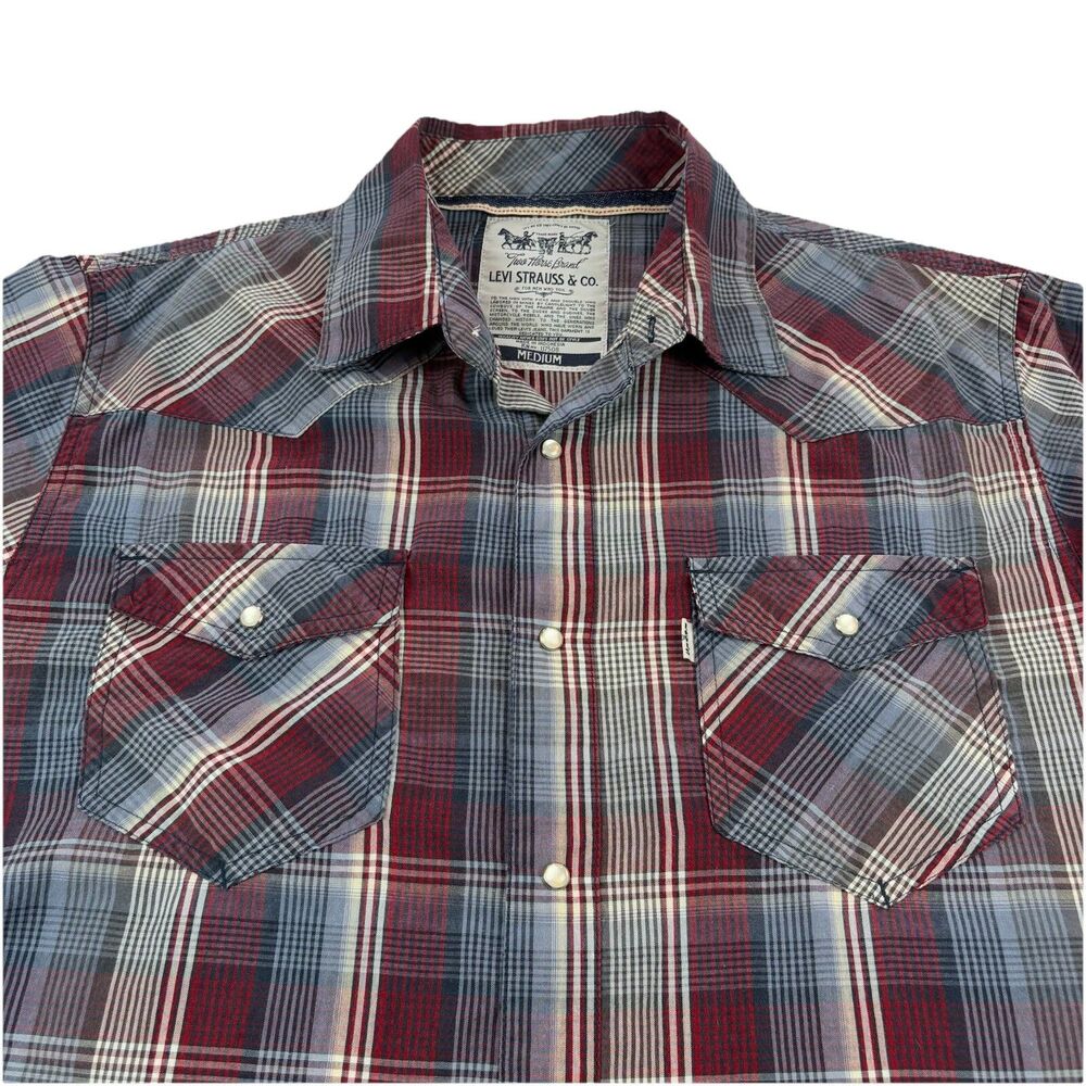 Levis Western Pearl Snap Shirt Mens Medium Plaid White Tab Long Sleeve